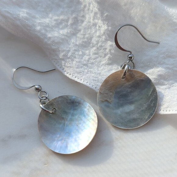 Rustic Organic Iridescent Shell Disc Coin Minimalist Coastal Handmade Ea… - Picture 3 of 6